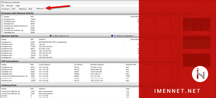 ابزار Resource Monitor بر روی مانیتور و انتخاب گزینه Network