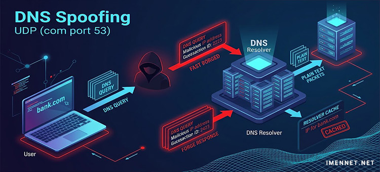 دیاگرام نحوه عملکرد حمله DNS Spoofing و آلودگی حافظه نهان (Cache Poisoning) از طریق تزریق پاسخ‌های جعلی در کش سرور Resolver