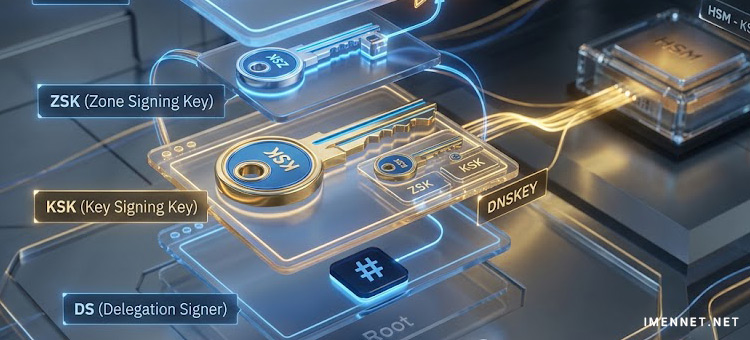 تصویرسازی معماری کلیدهای دوگانه DNSSEC شامل کلید ZSK برای امضای رکوردها و کلید KSK برای امضای مجموعه کلیدها در یک زون امن