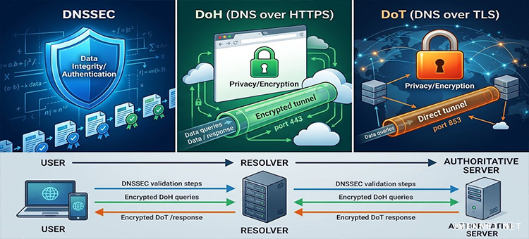 اینفوگرافیک مقایسه تفاوت‌ های ساختاری DNSSEC (یکپارچگی داده و تایید اصالت) با پروتکل‌ های DoH و DoT (حریم خصوصی و رمزنگاری ترافیک)