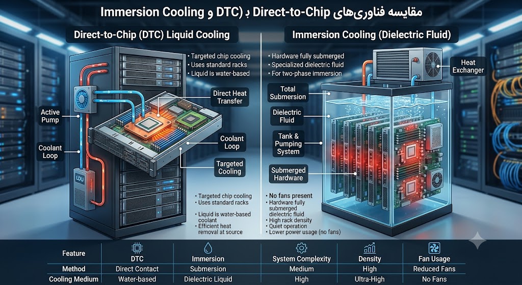 مقایسه فناوری های Direct-to-Chip (DTC) و Immersion Cooling