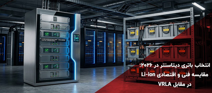 تقابل بصری باتری‌های مدرن لیتیوم-یون و رک‌های صنعتی VRLA در اتاق برق یک دیتاسنتر پیشرفته، نمادی از انتخاب تکنولوژی در سال ۲۰۲۶.