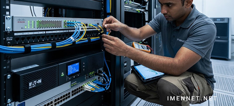 نمای نزدیک از فایروال سخت افزاری فورتیگیت و سیستم UPS آنلاین در حال کار در دیتاسنتر.