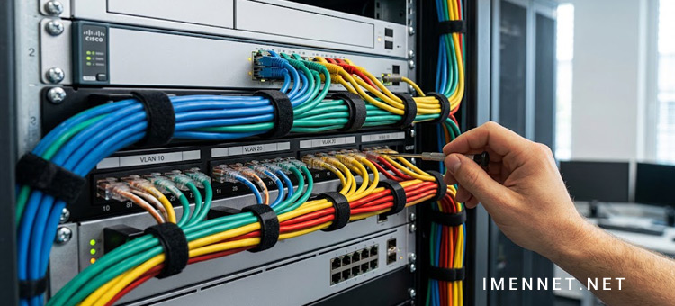 نمای نزدیک از کابل کشی ساختاریافته Cat6 تمام مس و سربندی پچ پنل ها در رک شبکه با مدیریت حرفه ای کابل