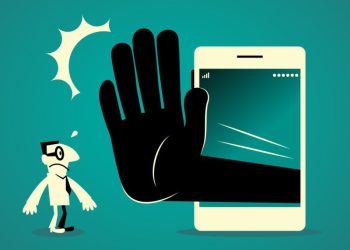 Businessman standing in front of a big smart phone (mobile phone) with a big hand making stop gesture (No!) Businessman Characters